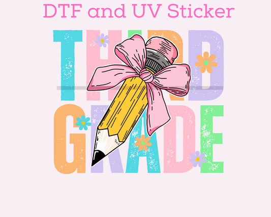 Third Grade Girl Grade Bow Pencil DTF TRANSFER or UV DTF STICKER