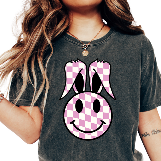 Pink Checkered Happy Bunny Easter DTF TRANSFER or UV DTF STICKER or UV DTF STICKER