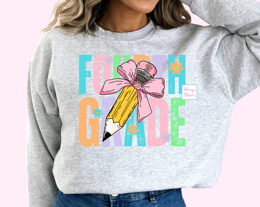 Fourth Grade Girl Grade Bow Pencil 4th Grade DTF TRANSFER or UV DTF STICKER
