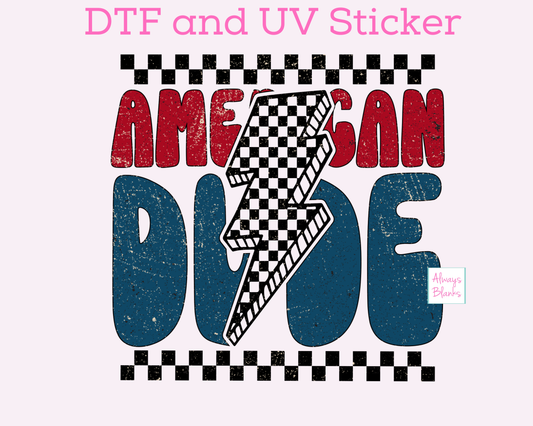 American Dude with Lightning Bolt Patriotic DTF TRANSFER or UV DTF STICKER