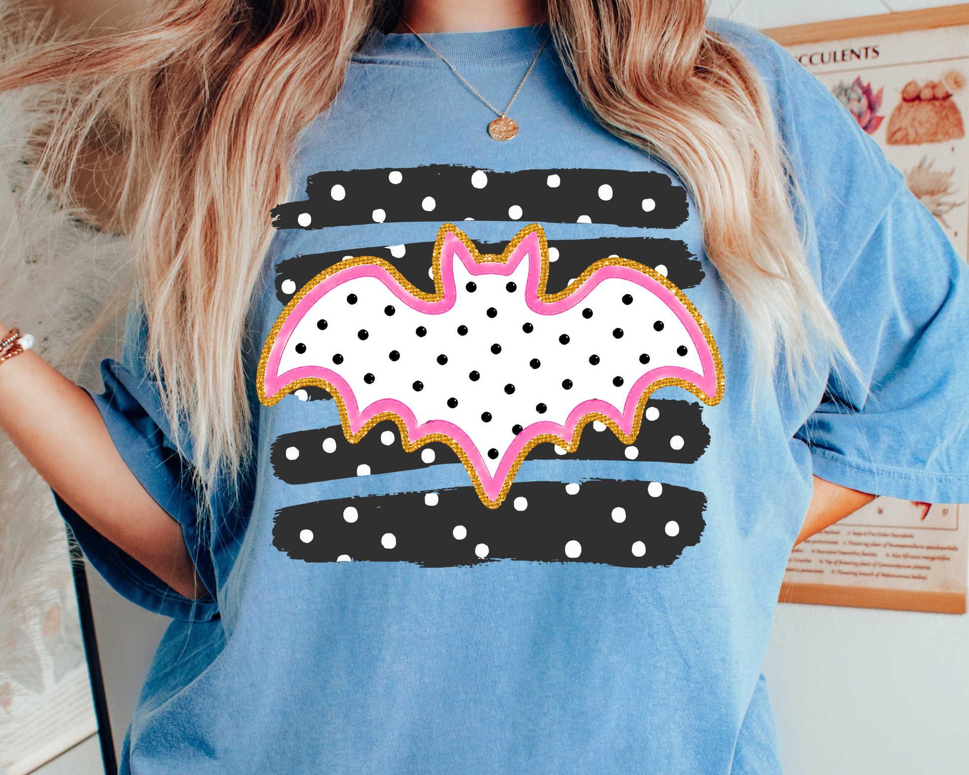 Bat Black Pink Stripes  Polka Dot Halloween DTF TRANSFER