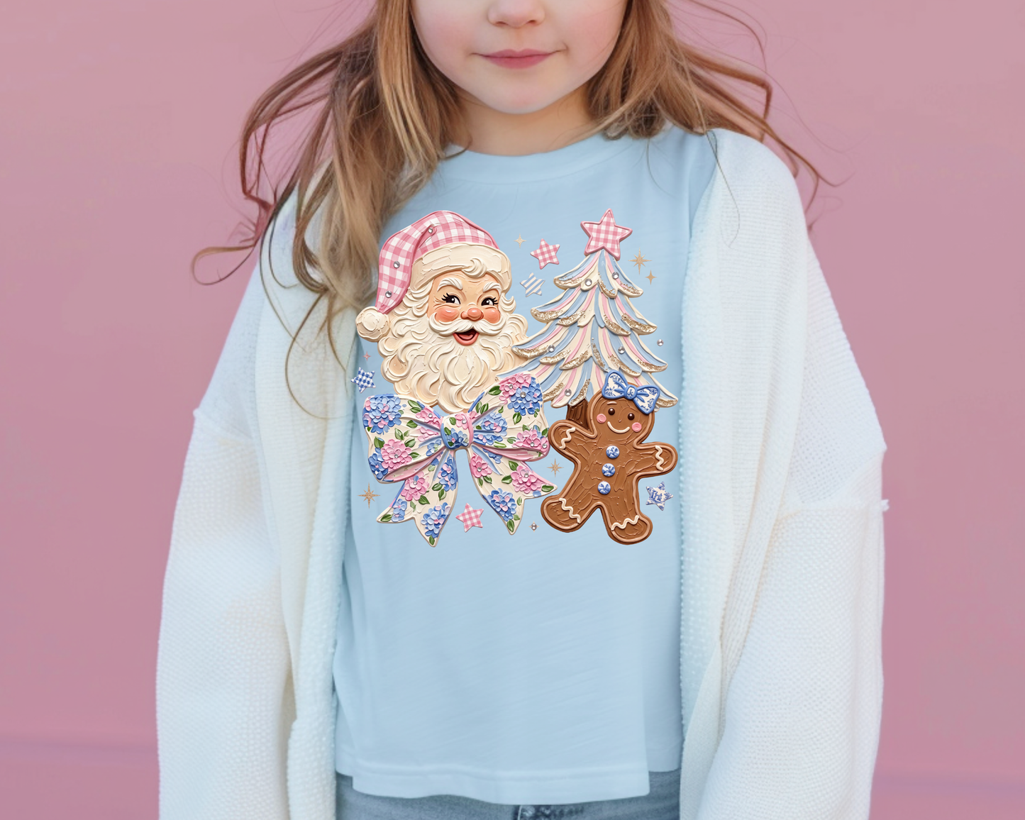 Santa Bow Tree Blue Pink Christmas DTF TRANSFER
