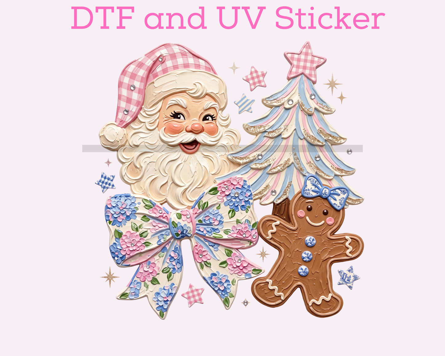 Santa Bow Tree Blue Pink Christmas DTF TRANSFER
