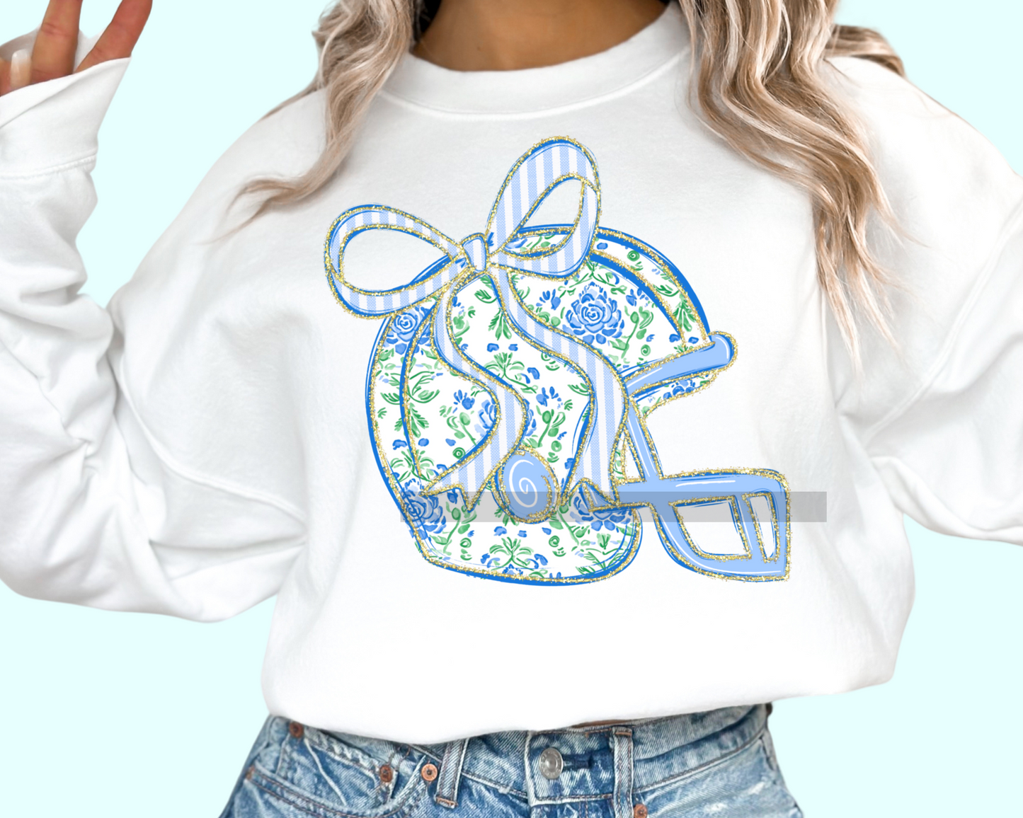 Blue Floral Helmet Football DTF TRANSFER or UV DTF STICKER