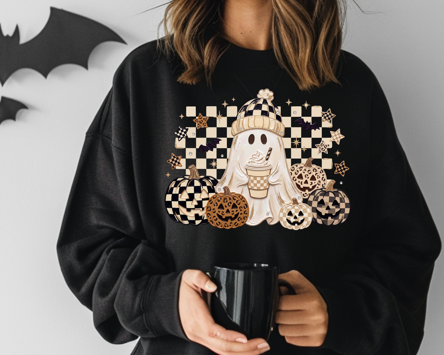 Neutral Ghost Checkered Coffee Pumkin Halloween DTF TRANSFER