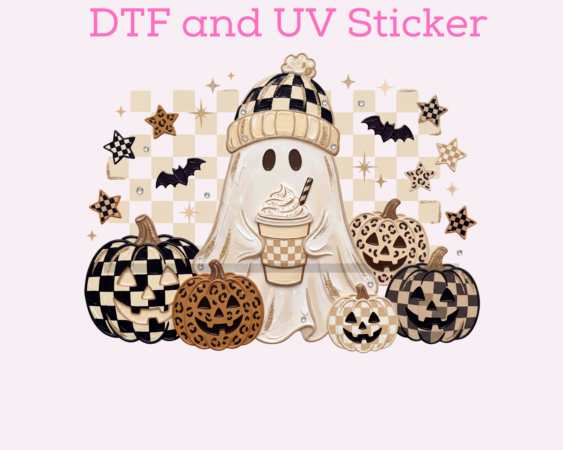 Neutral Ghost Checkered Coffee Pumkin Halloween DTF TRANSFER