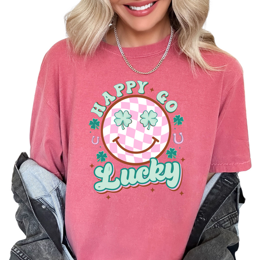 Happy Go Lucky (Pink Checkered) St. Patrick's Day DTF TRANSFER or UV DTF STICKER DECAL