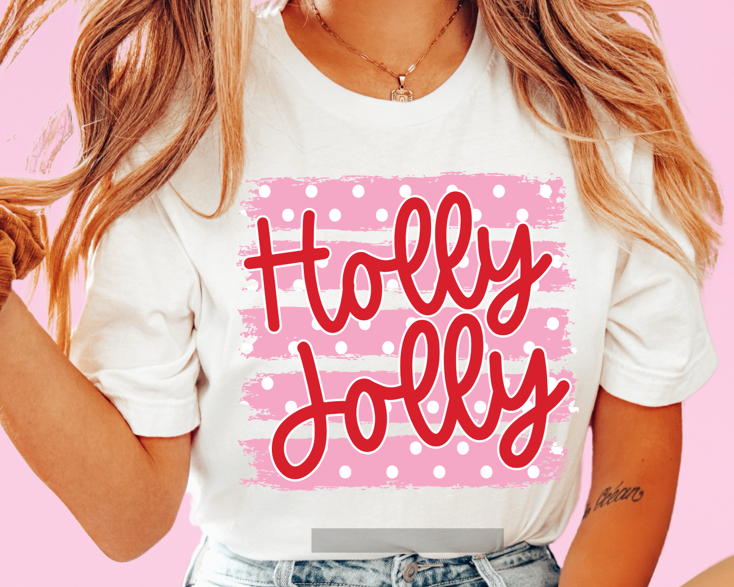 Holly Jolly Pink Stripes White Polka Dots DTF TRANSFER