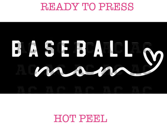 Baseball Script Mom (White) DTF TRANSFER or UV DTF STICKER