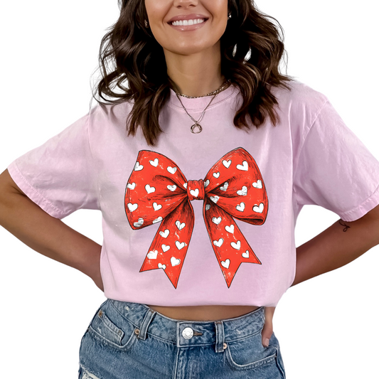 Red Coquette Bow With White Hearts Trendy Valentine's Day DTF TRANSFER or UV DTF STICKER DECAL