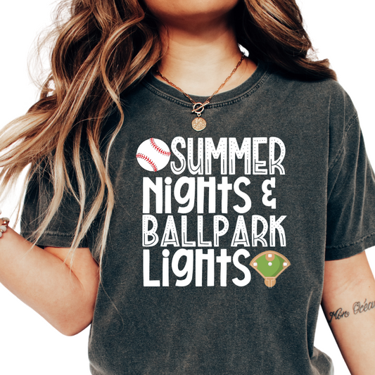 Summer Nights & Ballpark Lights (White) Baseball DTF TRANSFER or UV DTF STICKER