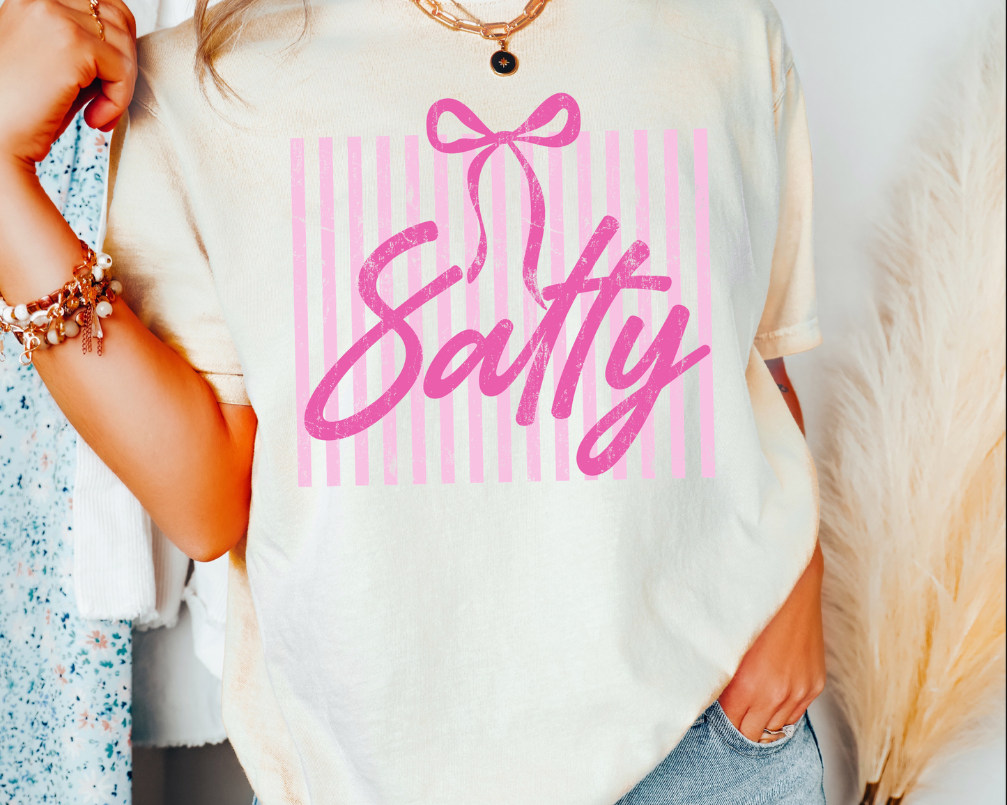 Salty with Bow and Stripes Pink DTF TRANSFER or UV DTF STICKER