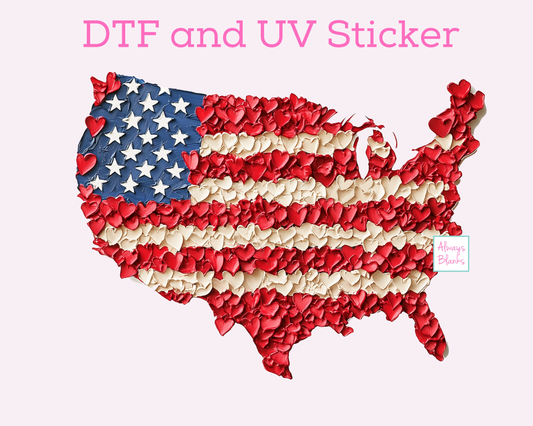 USA heart with hearts Patriotic DTF TRANSFER or UV DTF STICKER