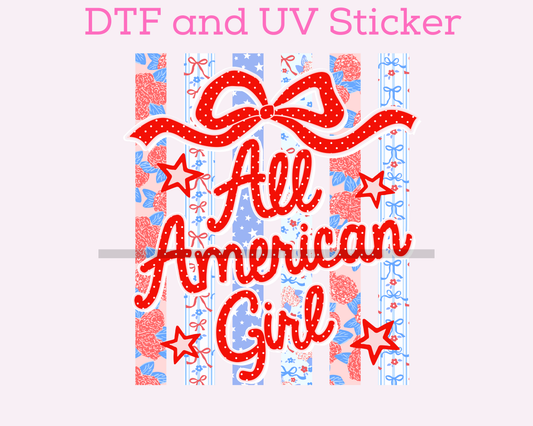 All American Girl Bow Stripes Patriotic 4th of July DTF TRANSFER