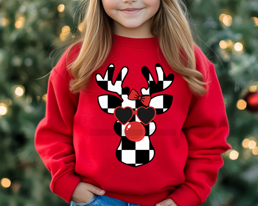 Black and White Checkered Girl Reindeer with Bubble Christmas DTF TRANSFER  or UV DTF STICKER