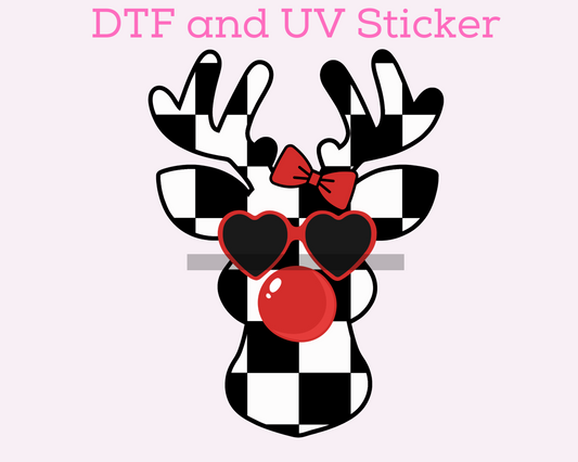 Black and White Checkered Girl Reindeer with Bubble Christmas DTF TRANSFER  or UV DTF STICKER