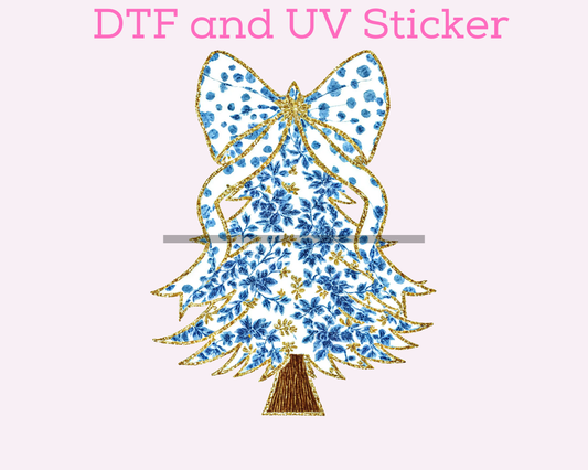 Blue Floral Bow Tree Christmas DTF TRANSFER or UV DTF STICKER