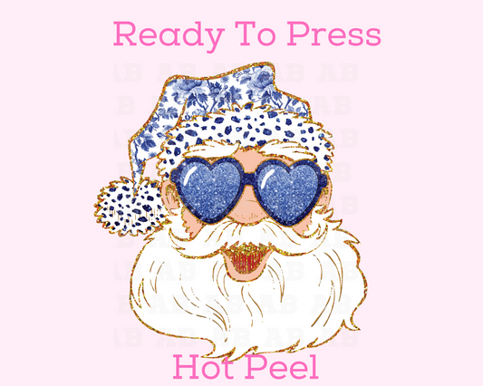 Blue Floral Confetti (Faux Glitter) Santa Christmas DTF TRANSFER or UV DTF STICKER