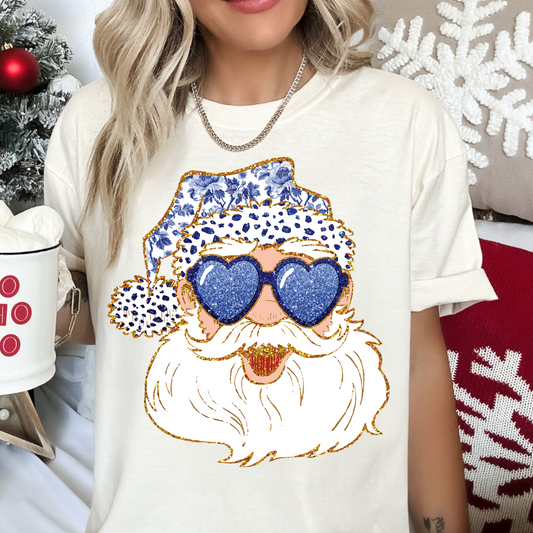 Blue Floral Confetti (Faux Glitter) Santa Christmas DTF TRANSFER or UV DTF STICKER