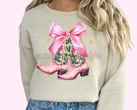 Girlie Christmas Pink Boots with Bow Western Christmas DTF TRANSFER