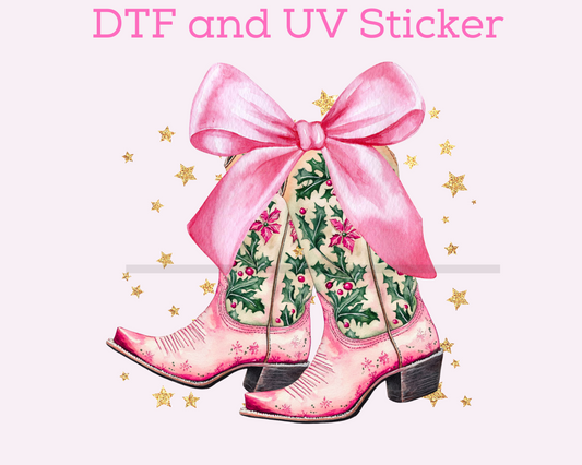 Girlie Christmas Pink Boots with Bow Western Christmas DTF TRANSFER