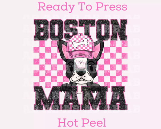 Boston Mama (Pink) Faux Sequins Faux Embroidery Mom DTF TRANSFER or UV DTF STICKER DECAL