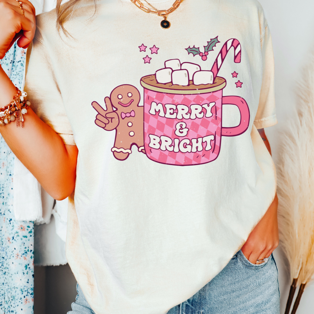 Merry And Bright Hot Cocoa Gingerbread Man Christmas DTF TRANSFER  or UV DTF STICKER