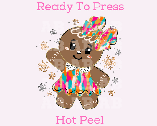 Brushstroke Coquette Bow Gingerbread Girl (Faux Glitter) Christmas DTF TRANSFER or UV DTF STICKER DECAL