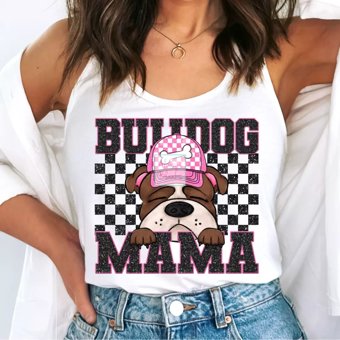Bulldog Mama (Black) Faux Sequins Faux Embroidery Mom DTF TRANSFER or UV DTF STICKER DECAL