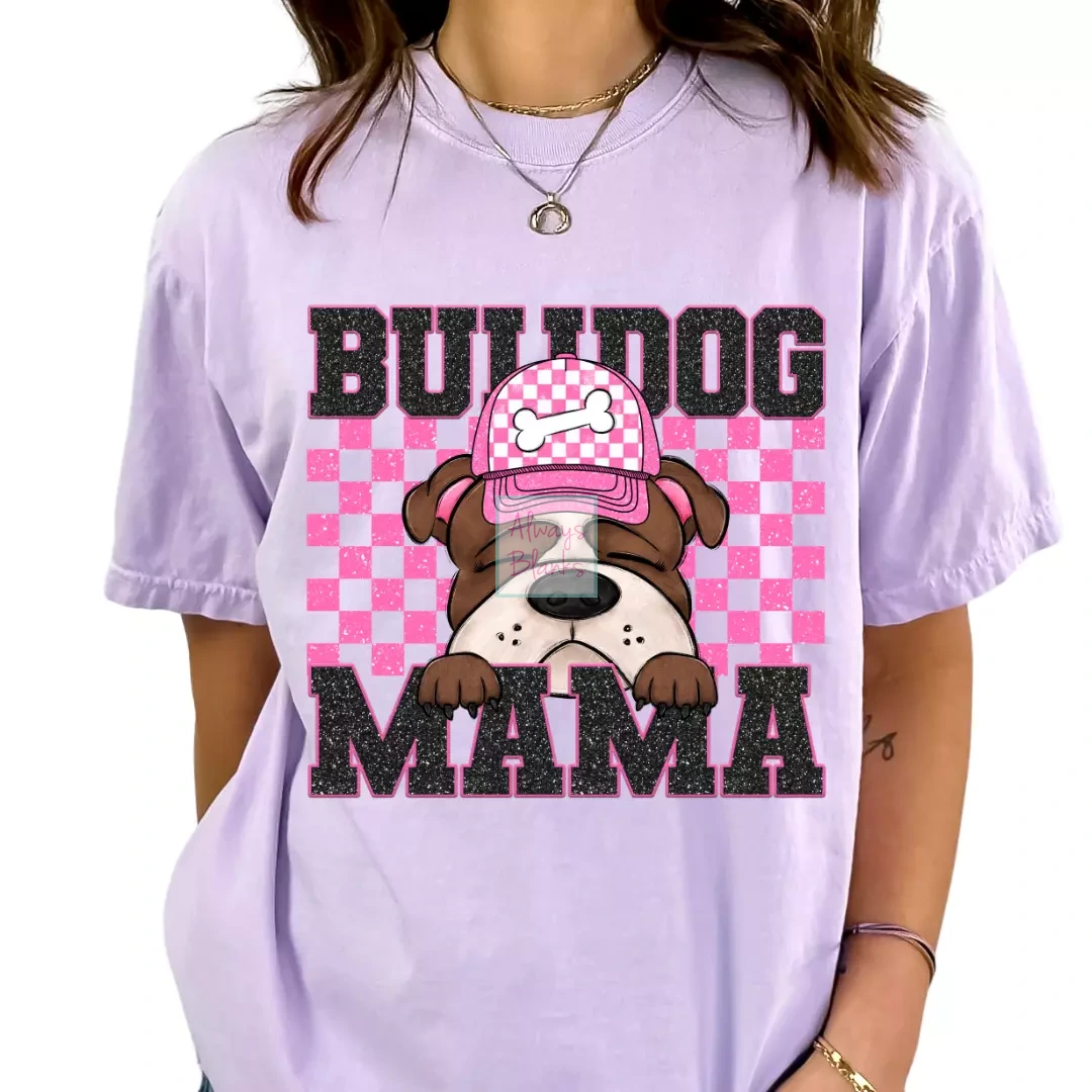Bulldog Mama (Pink) Faux Sequins Faux Embroidery Mom DTF TRANSFER or UV DTF STICKER DECAL