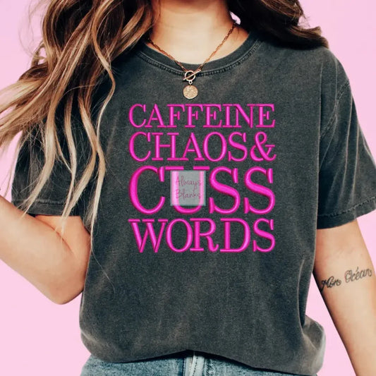Caffeine Chaos & Cuss Words Faux Embroidery Trendy Dtf Transfer