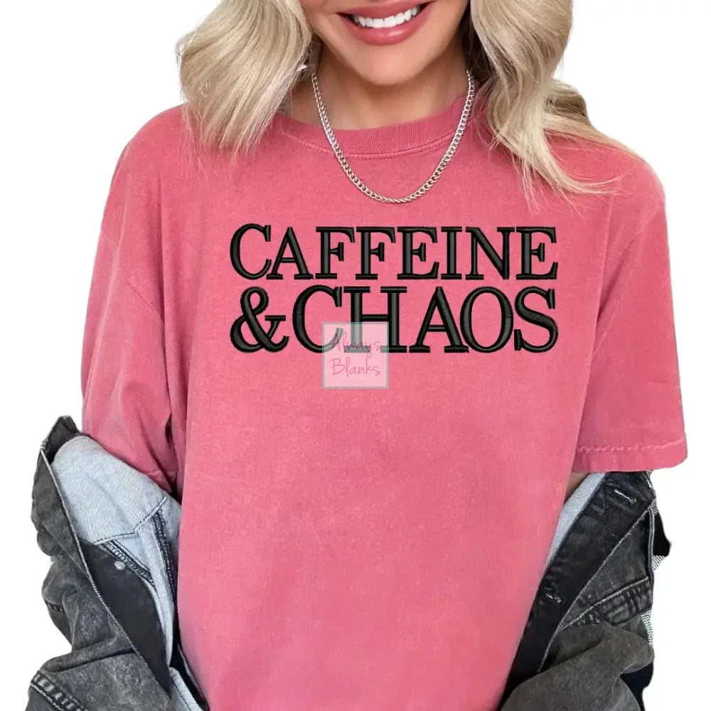 Caffeine & Chaos Faux Embroidery Mom Dtf Transfer