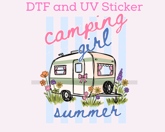 Camping Girl Summer DTF TRANSFER or UV DTF STICKER DECAL