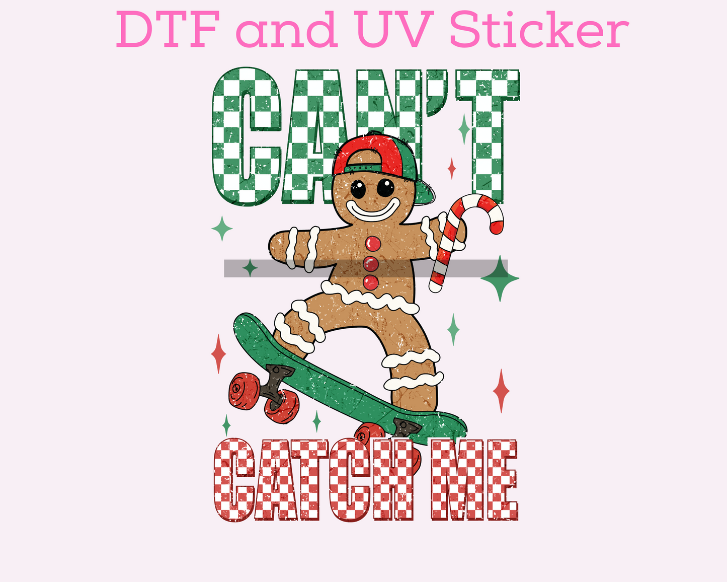 Can't Catch Me Checkered, Skateboarding Gingerbread Boy Christmas DTF TRANSFER  or UV DTF STICKER
