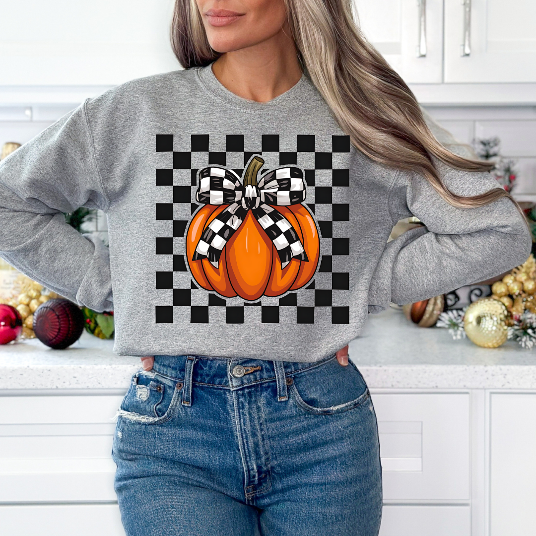 Coquette Bow Checkered Pumpkins Fall DTF TRANSFER or UV DTF STICKER DECAL