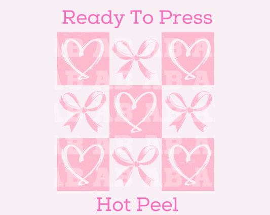 Pink Coquette Bows And Hearts Checkered Trendy Valentine's Day DTF TRANSFER or UV DTF STICKER DECAL