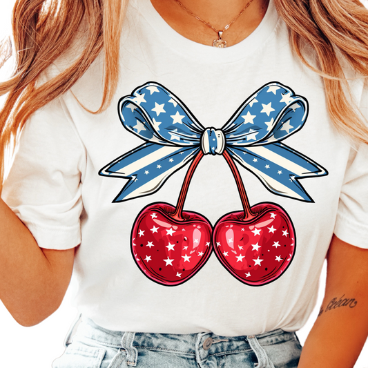 Coquette Bow Cherry 4th of July Patriotic DTF TRANSFER or UV DTF STICKER