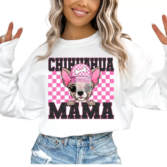 Chihuahua Mama (Pink) Faux Sequins Faux Embroidery Mom DTF TRANSFER or UV DTF STICKER DECAL