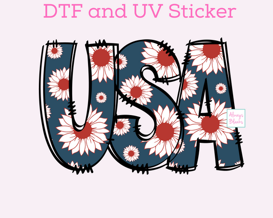 USA Doodle letters with daisies Patriotic DTF TRANSFER or UV DTF STICKER