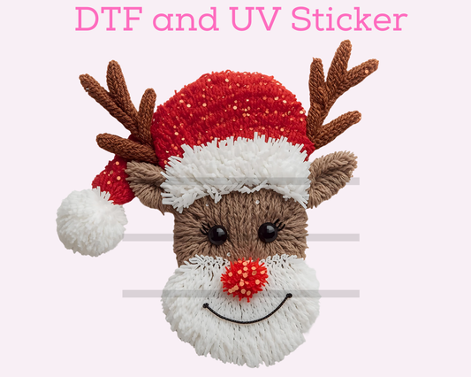 Faux Yarn Reindeer with Santa Hat Christmas DTF TRANSFER
