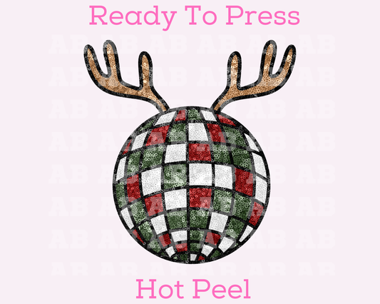 Faux Sequins Reindeer Disco Ball Christmas DTF TRANSFER or UV DTF STICKER DECAL