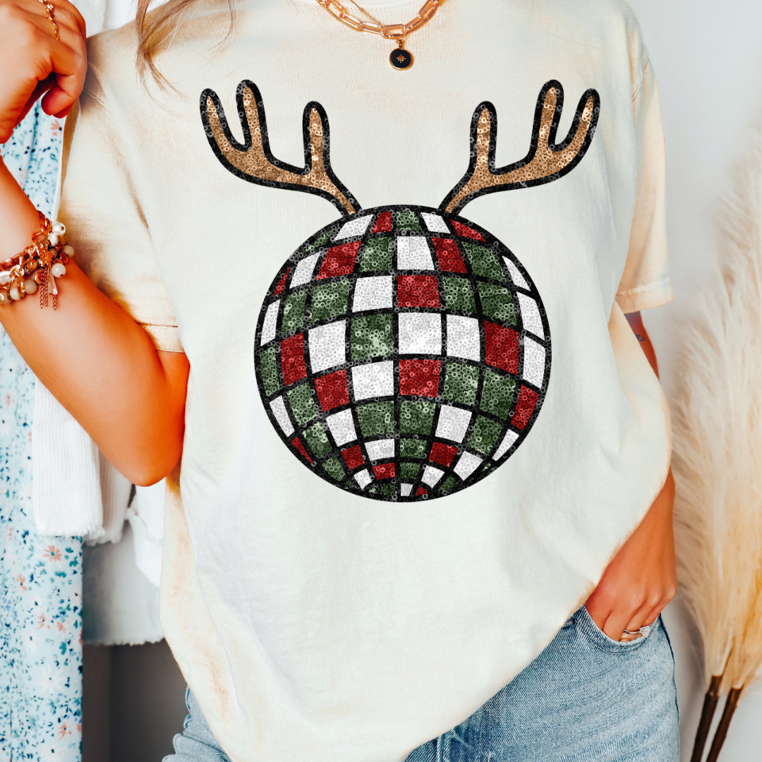 Faux Sequins Reindeer Disco Ball Christmas DTF TRANSFER or UV DTF STICKER DECAL