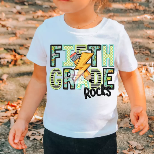 Fifth Grade Rocks Boy (Faux Embroidery) Grade Level 5th Grade DTF TRANSFER or UV DTF STICKER