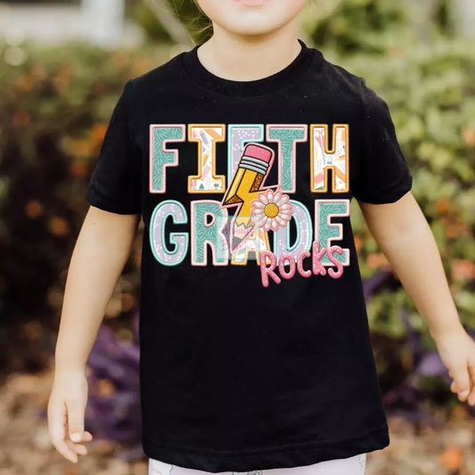 Fifth Grade Rocks Girl (Faux Embroidery) Grade Level 5th Grade DTF TRANSFER or UV DTF STICKER