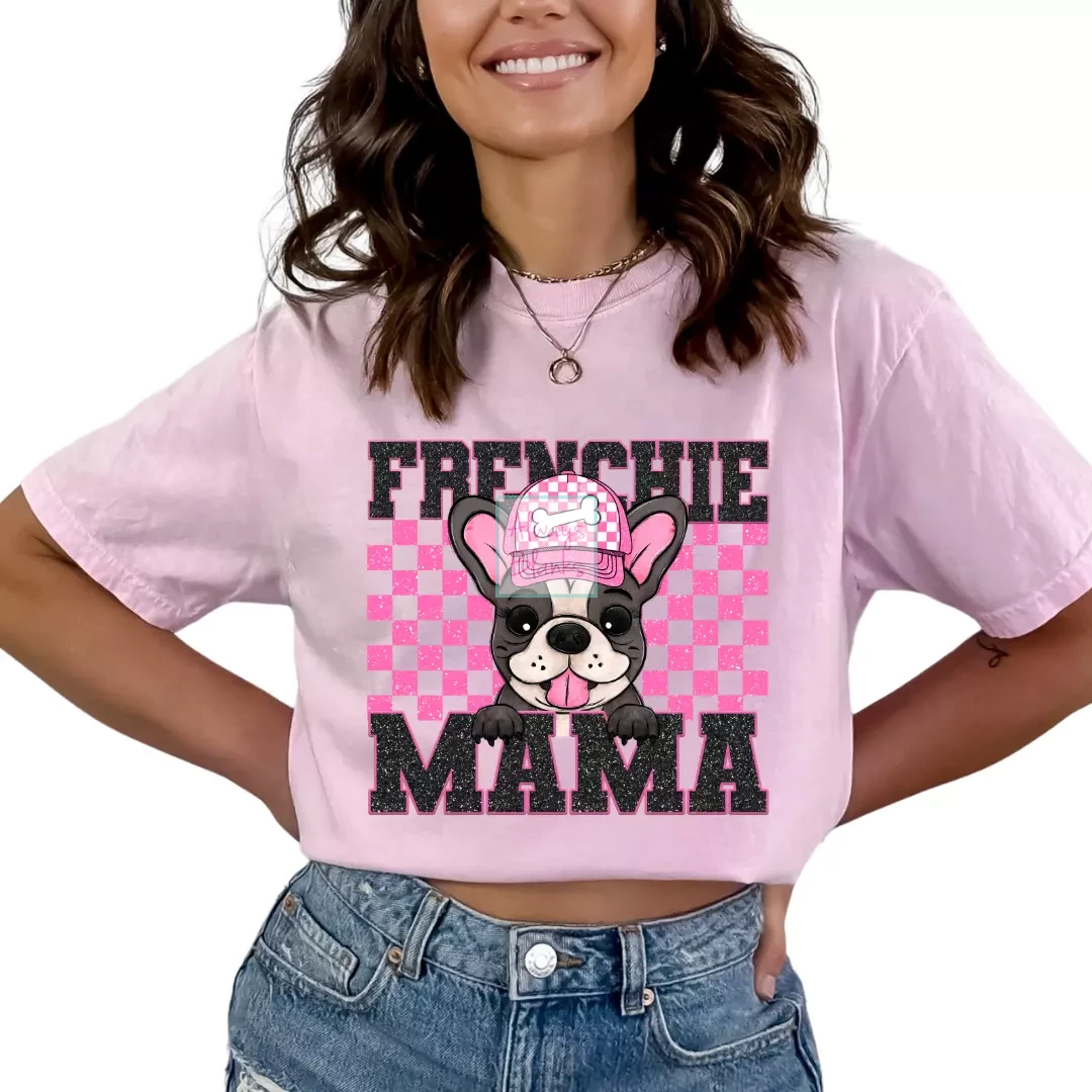 Frenchie Mama (Pink) Faux Sequins Faux Embroidery Mom DTF TRANSFER or UV DTF STICKER DECAL