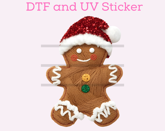 Faux Yarn Gingerbread with Santa Hat Christmas DTF TRANSFER