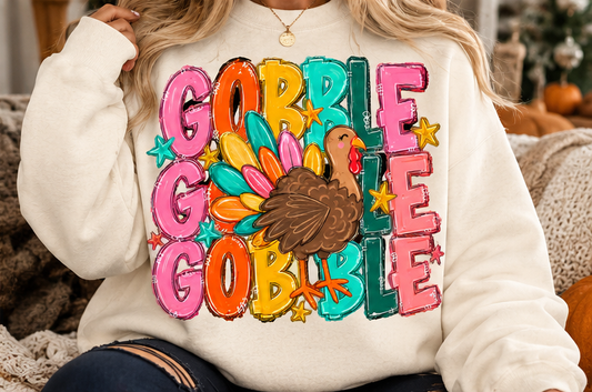 Colorful Stacked Gobble Turkey Thanksgiving DTF TRANSFER