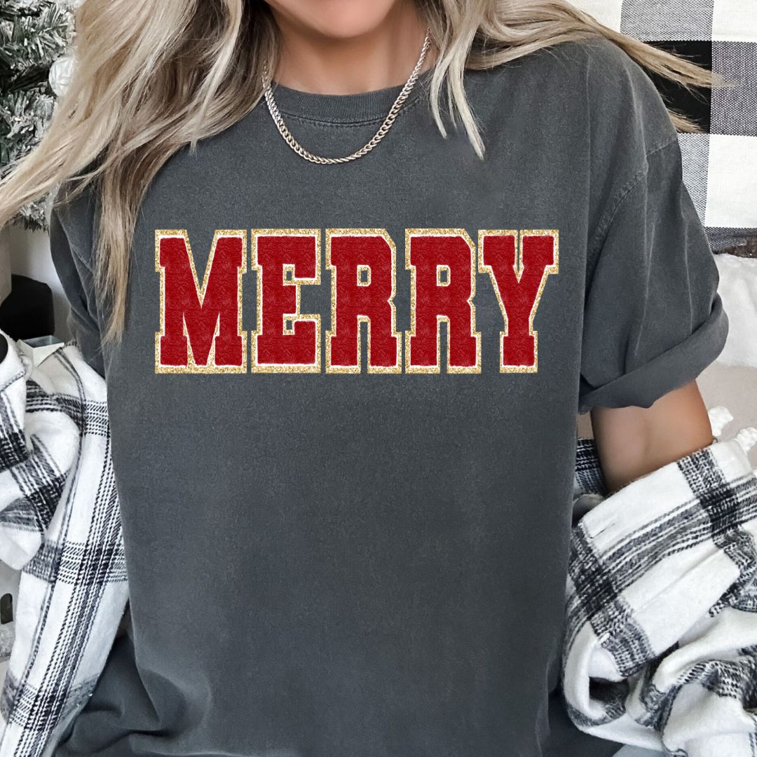 Red Chenille Merry DTF TRANSFER or UV DTF STICKER