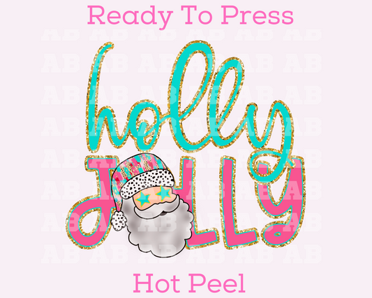 Holly Jolly Santa (Faux Glitter) Christmas DTF TRANSFER  or UV DTF STICKER