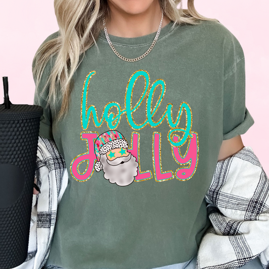 Holly Jolly Santa (Faux Glitter) Christmas DTF TRANSFER or UV DTF STICKER